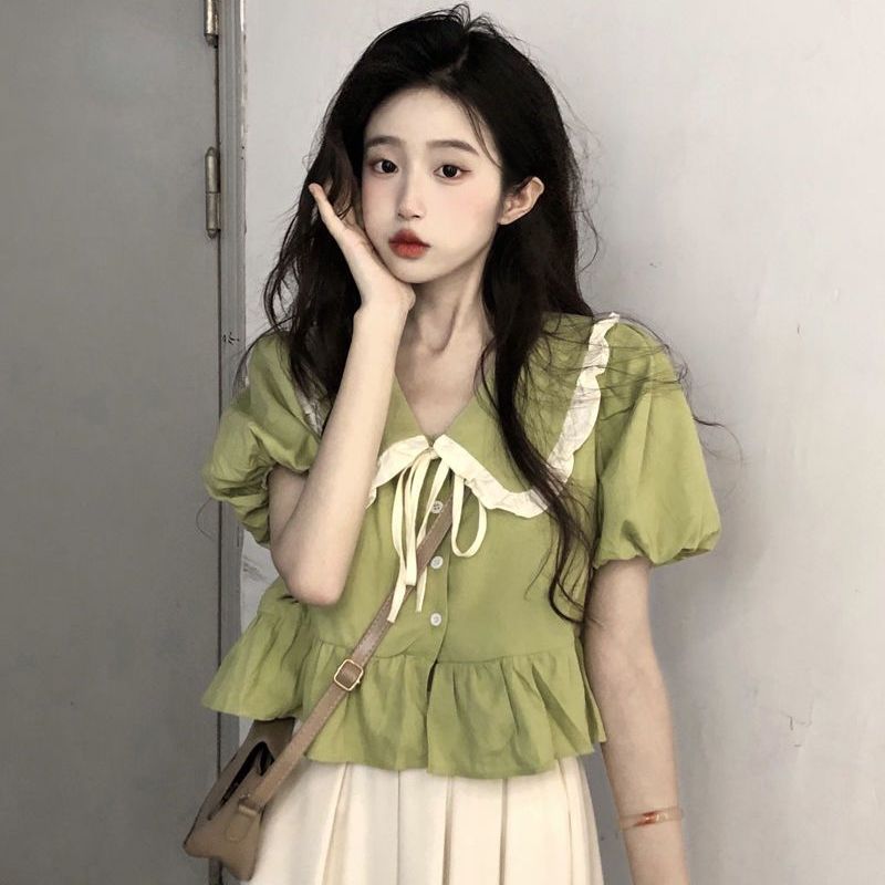 泡泡短袖襯衫法式別致小眾設計感上衣夏款女士減齡漂亮洋氣娃娃衫