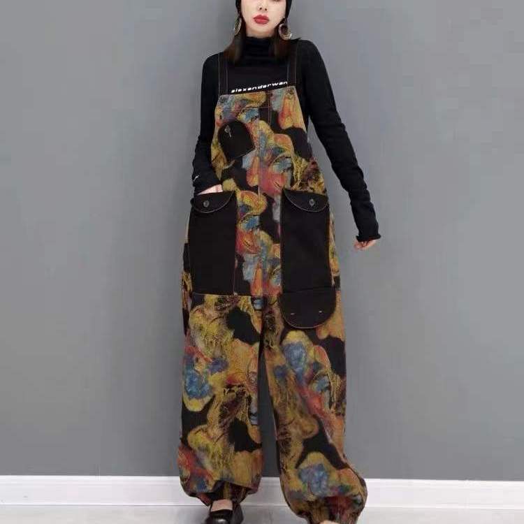 Autumn 2023 new retro style loose large size age-reducing foreign style fashion print large pocket female one-piece overalls