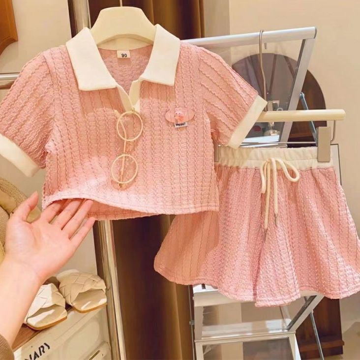 Net red 2023 summer new girls' suit foreign style children's Polo collar short-sleeved shorts children's two-piece trendy