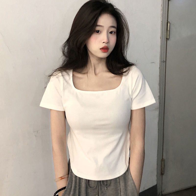 Large size 300 catties short-sleeved t-shirt women's summer new fat MM pure desire square collar self-cultivation irregular short bottoming top