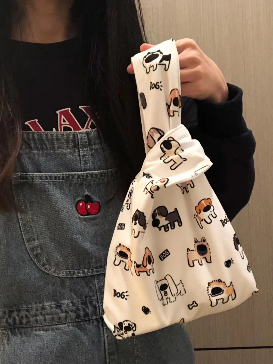 Cute Little Dog Wrist Bag Cartoon Portable Canvas Carrying Bag Small Design Sense Handbag