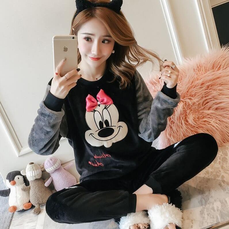 Coral velvet pajamas women's winter thickened Plush Korean version sweet and lovely autumn and winter flannel long sleeve home wear set