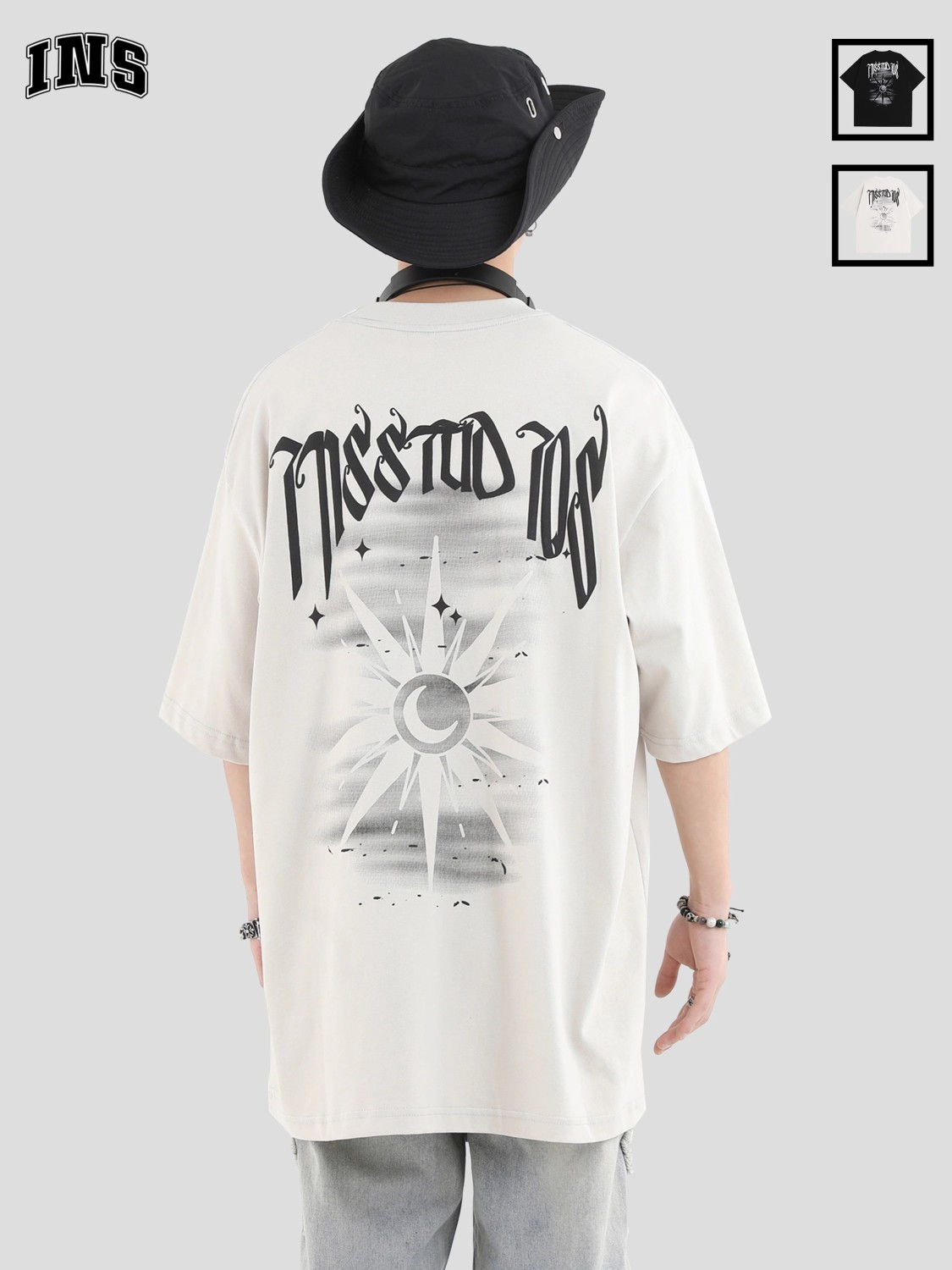 INSstudios 國潮牌情侶美式日月星發泡LOGO短袖寬鬆純棉重磅T恤男