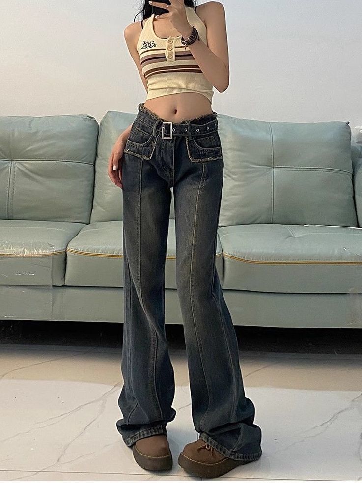 美式復古直筒牛仔褲女設計感毛邊系腰帶寬鬆顯瘦闊腿拖地褲潮ins