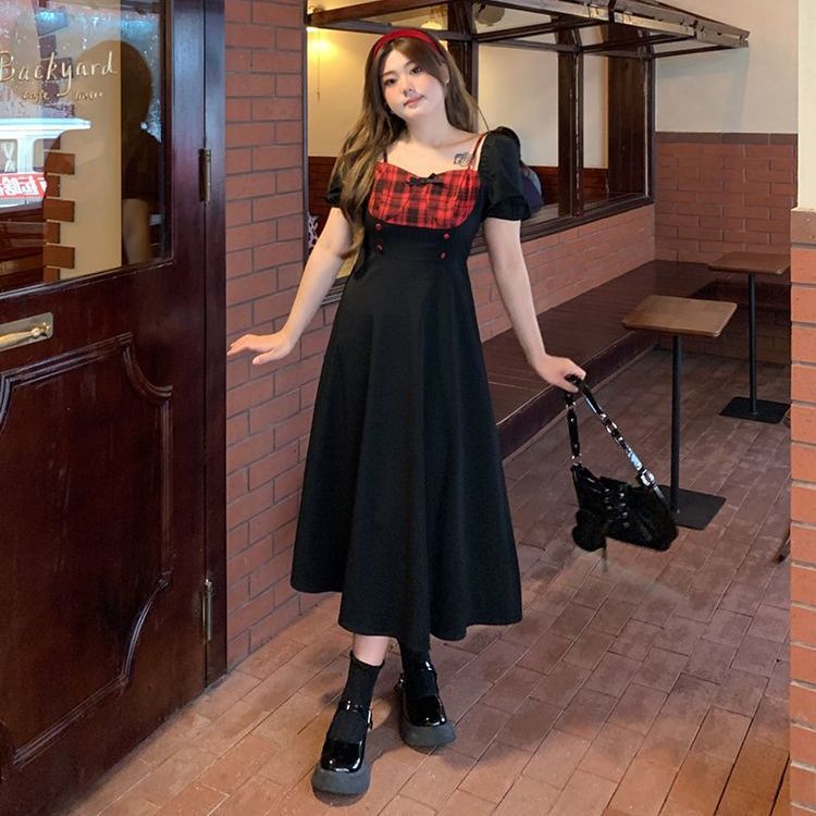 Large size fat mm contrasting color splicing puff sleeve dress women's new summer new slim slimming waist college style long skirt