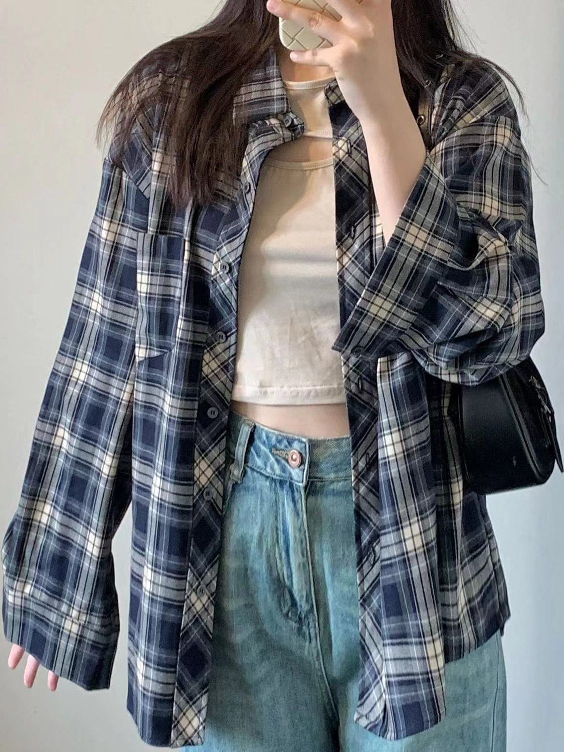 2023新款森系青黑色格紋襯衫女寬鬆休閒慵懶風中長款襯衣外穿潮流