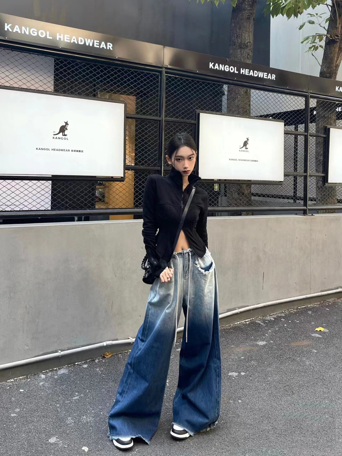 辣妹漸變色毛邊拖地牛仔褲女春季街頭高腰直筒長褲寬鬆闊腿褲子潮