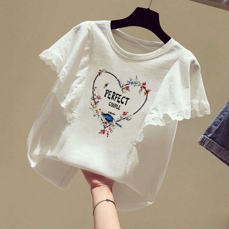 Girls' lace splicing short sleeve T-shirt summer new CUHK children's Korean loose print foreign style top
