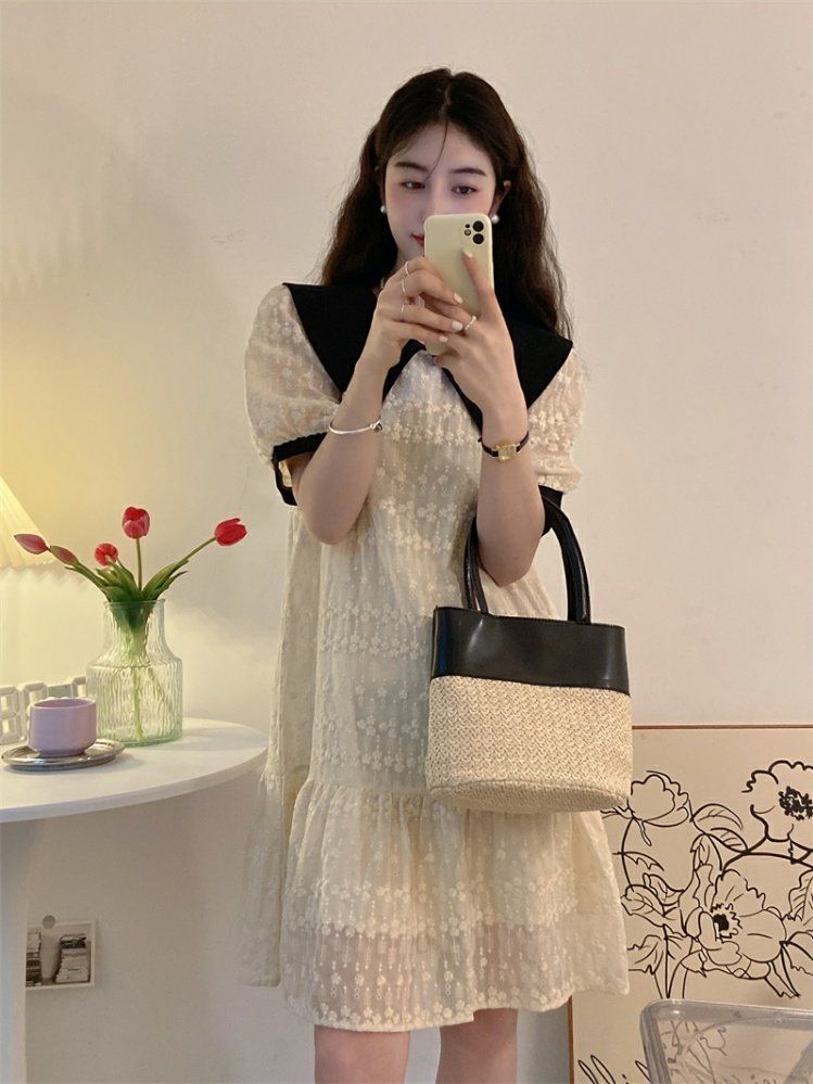 French-style doll collar dress women's summer can be salty and sweet temperament high-level sense of covering flesh and thin bubble short-sleeved skirt