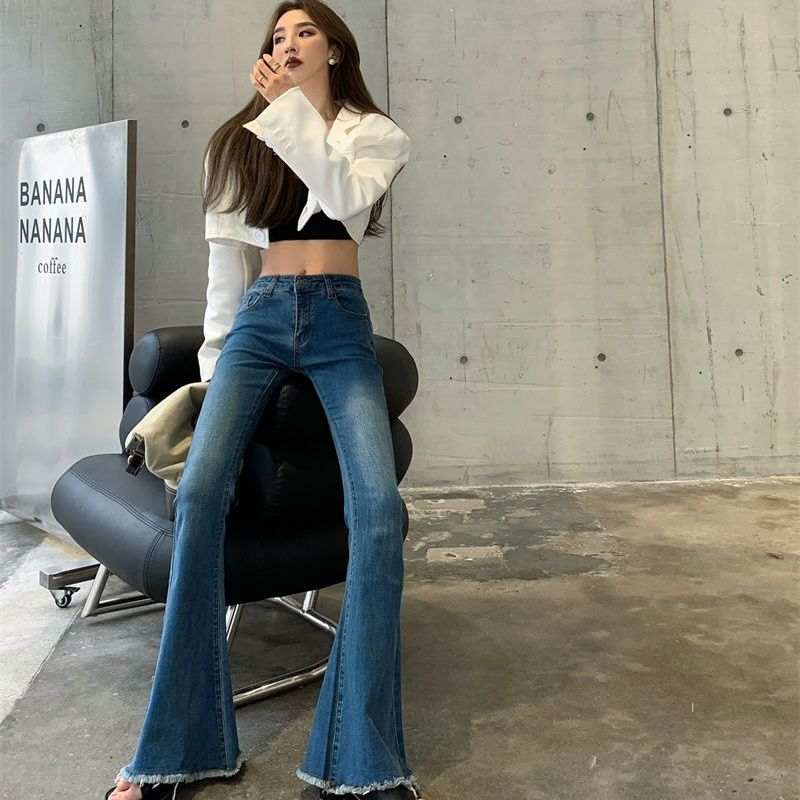 American retro jeans women's autumn and winter hot girl high waist wide-leg pants elastic self-cultivation slimming leg length micro flared pants