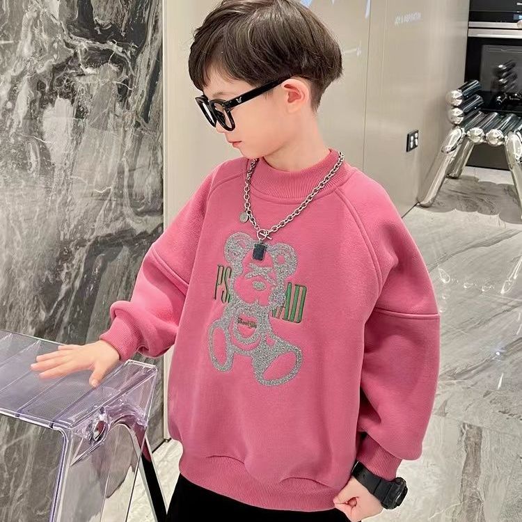 Boys fleece sweater  new children's loose all-match round neck pullover baby bottoming shirt tide