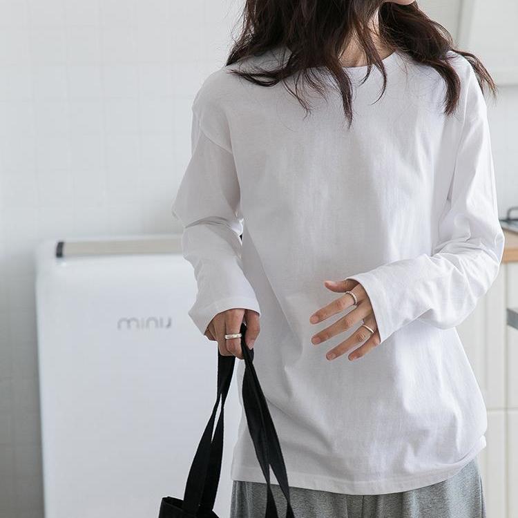 77049-2021宽松大码女款早春秋季韩版内百搭纯棉白色t圆领T恤长袖打底衫【9月28日发完】-详情图