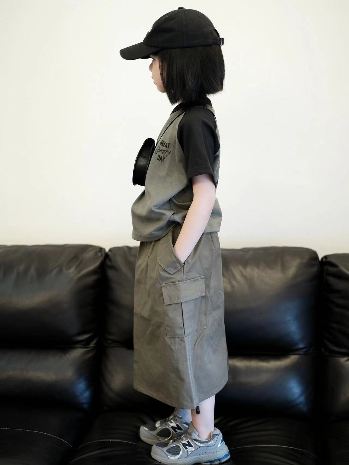 Korean girls' summer color-blocking T-shirt + skirt suit in the big Tongshan series short-sleeved tooling skirt trendy children's clothing
