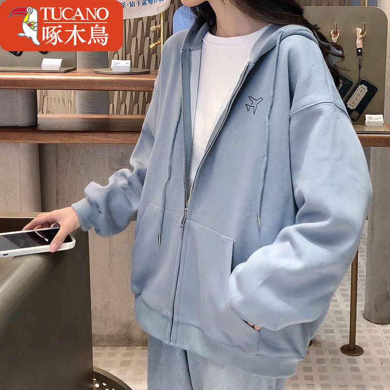 啄木鳥純棉外套開衫衛衣女潮ins寬鬆韓版2021新款秋季百搭春秋季