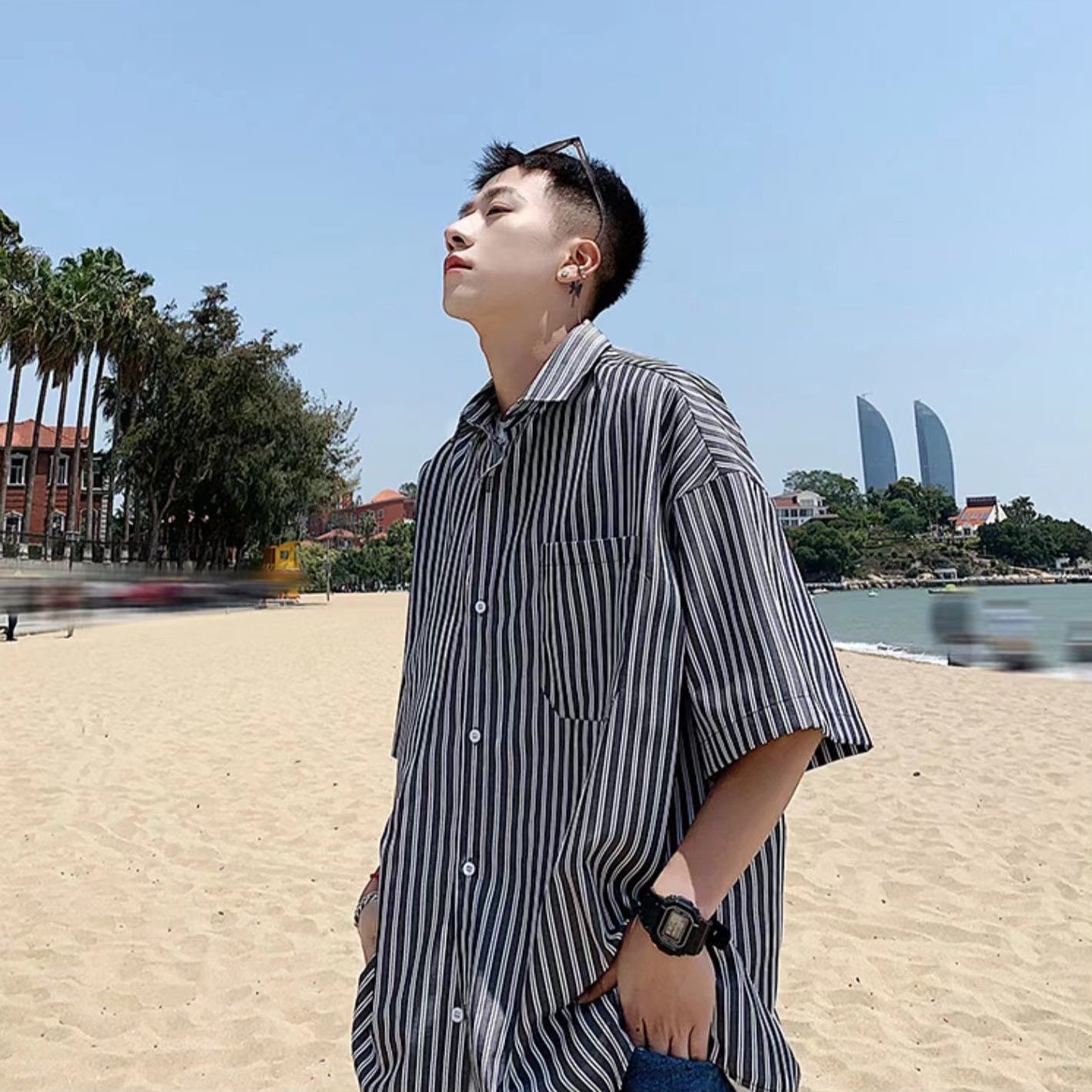 Striped short sleeve shirt men's summer ins ruffian handsome design sense niche shirt Hong Kong Style Japanese trend shirt coat