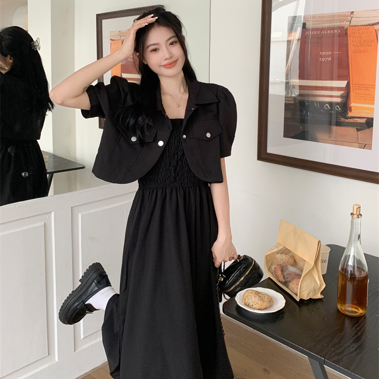 大碼微胖連衣裙兩件套高級感顯瘦收腰名媛淑女法式吊帶裙套裝