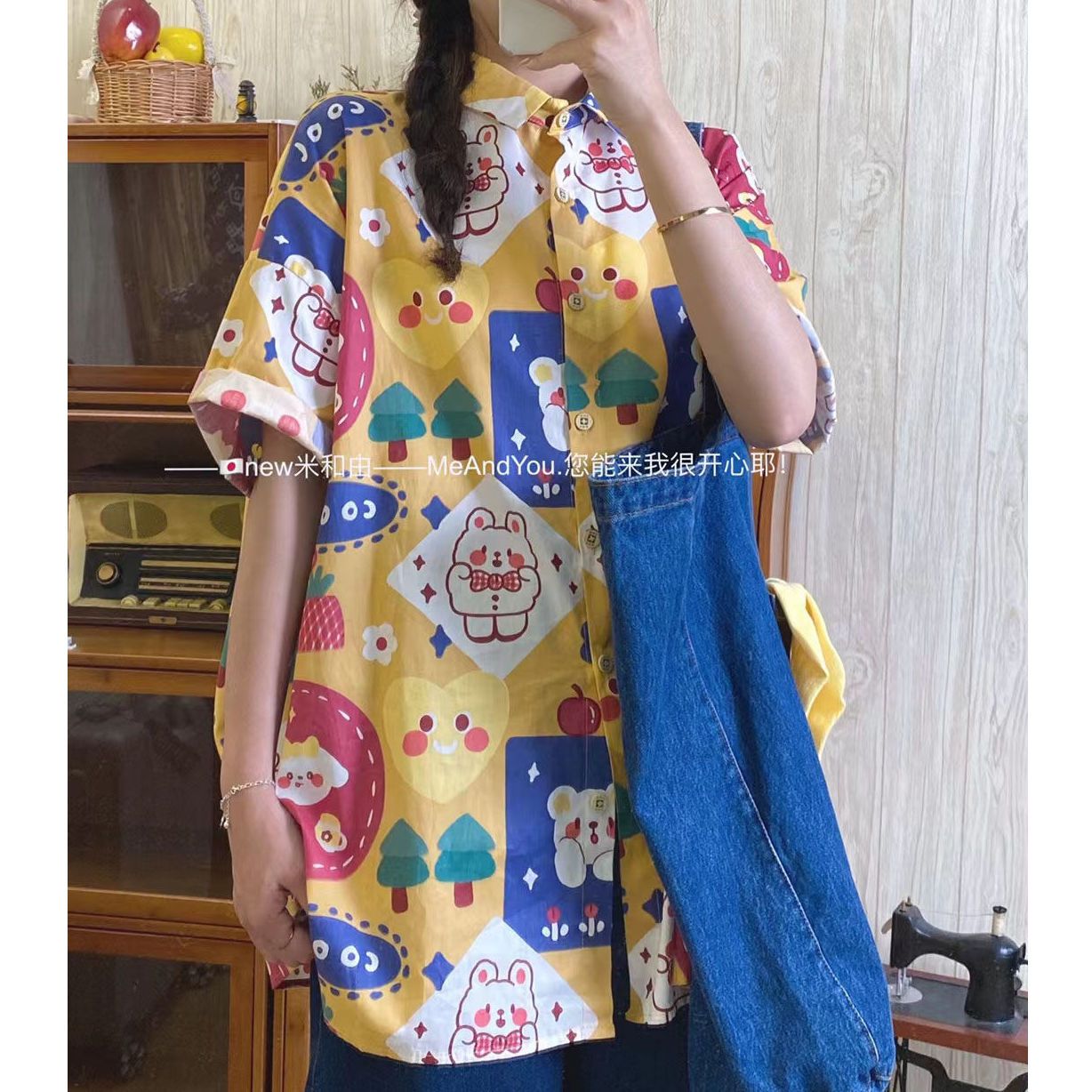 日系印花爱心兔子短袖衬衫女2023年夏季新款设计感小众学院风衬衣