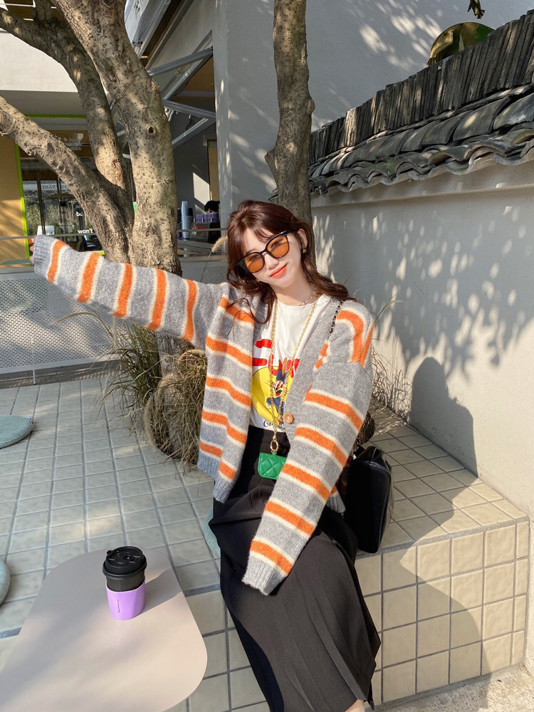 復古撞色條紋毛衣開衫外套女秋冬設計感慵懶小個子短款針織衫上衣