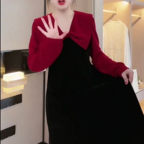 New Year's greetings shirt fat sister women's new 2022 slim red and black dress gold velvet mid-length dress