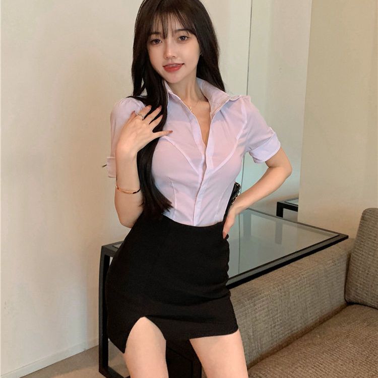 襯衫女設計感小眾修身ol短袖襯衣2022年夏季新款性感辣妹薄款上衣