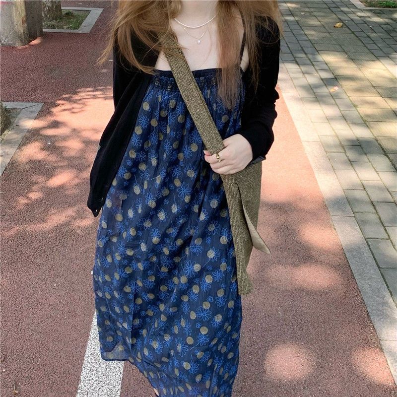 2023夏季新款復古女顯白吊帶連衣裙+基礎款防曬長袖開衫兩件套潮