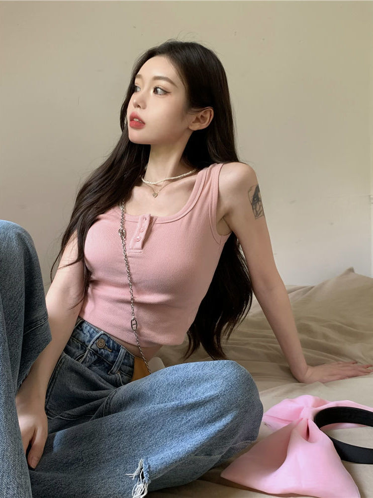 Pink Hot Girl Camisole for Women with Bottoming and Beautiful Back Summer Sweet and Spicy Style Outerwear Short U-neck Racer Top