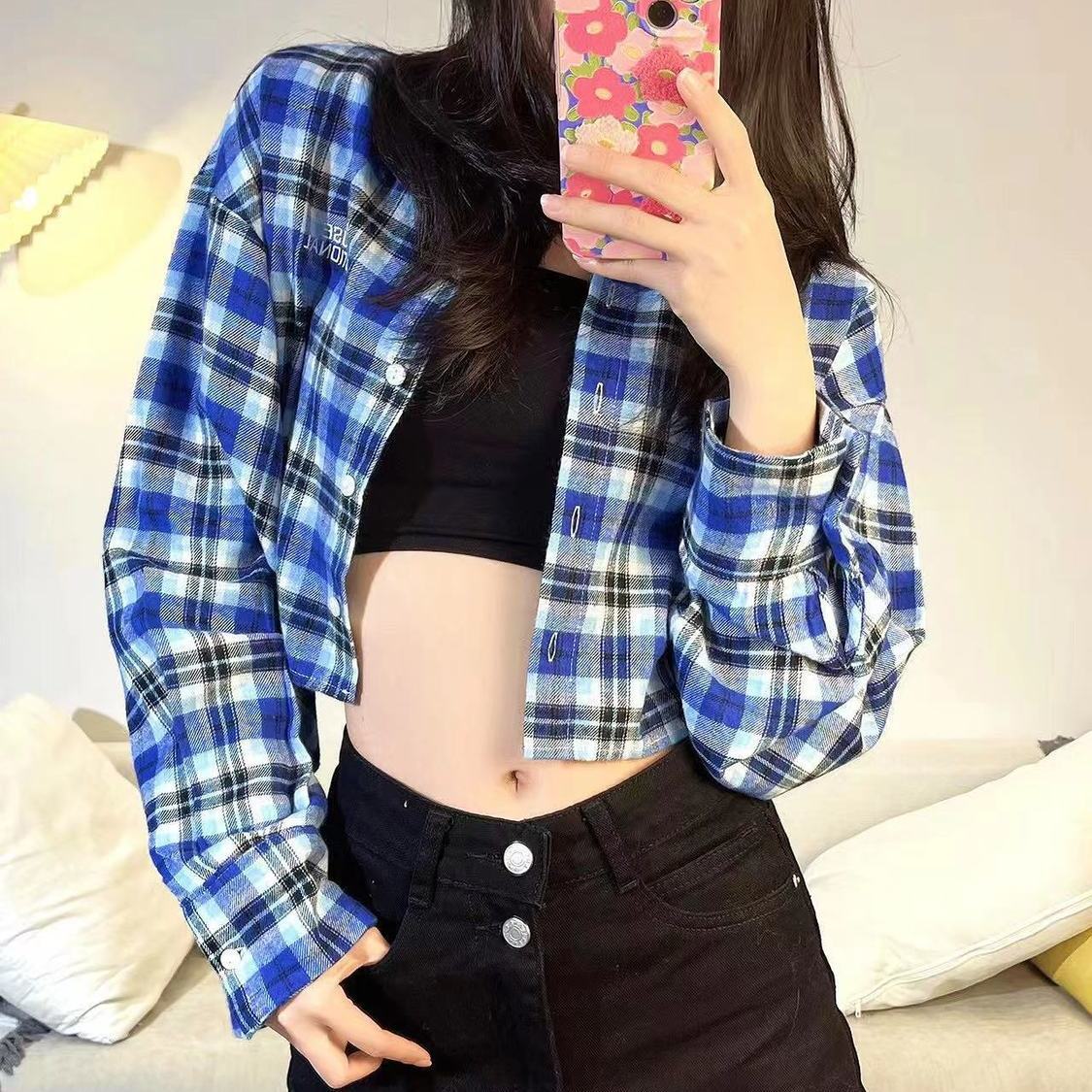 春夏新款復古格子長袖襯衫女外套港味顯瘦短款襯衣百搭薄款開衫潮