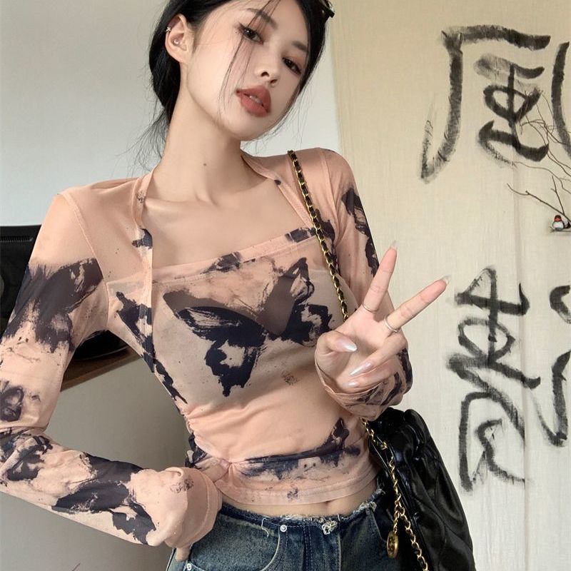 法式復古蝴蝶印花長袖T恤女夏甜辣妹修身設計感小眾薄款防曬上衣
