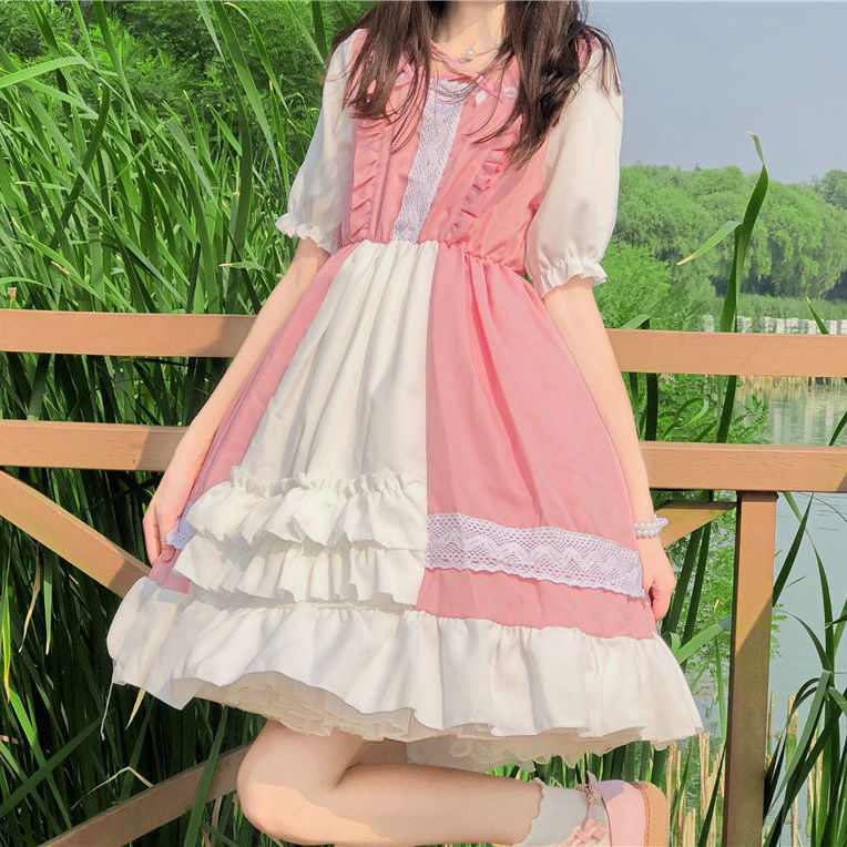 Japanese soft girl lolita bow girl daily loli splicing dress