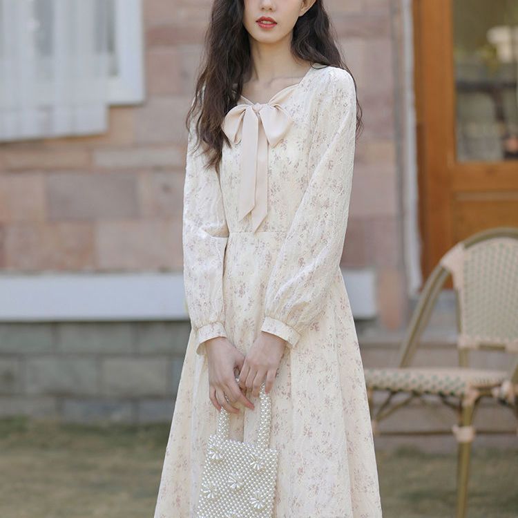 French platycodon first love skirt new style  spring and summer gentle temperament high waist long lace floral dress