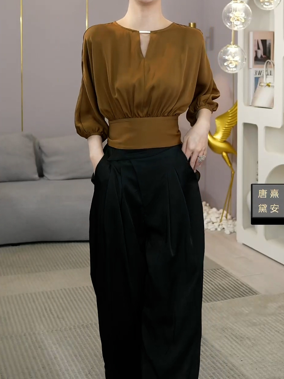 Temperament modern all-match round neck fashion tie shirt top + high waist thin straight pants 2023 summer new style