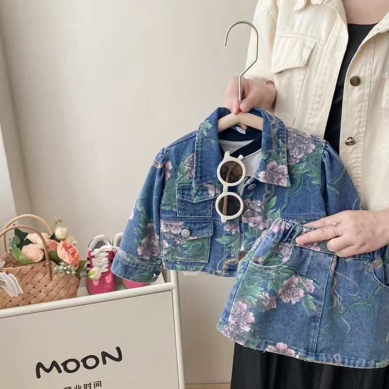 韓國女童春秋牛仔套裝2023新款兒童洋氣時髦女寶寶外套半裙兩件套
