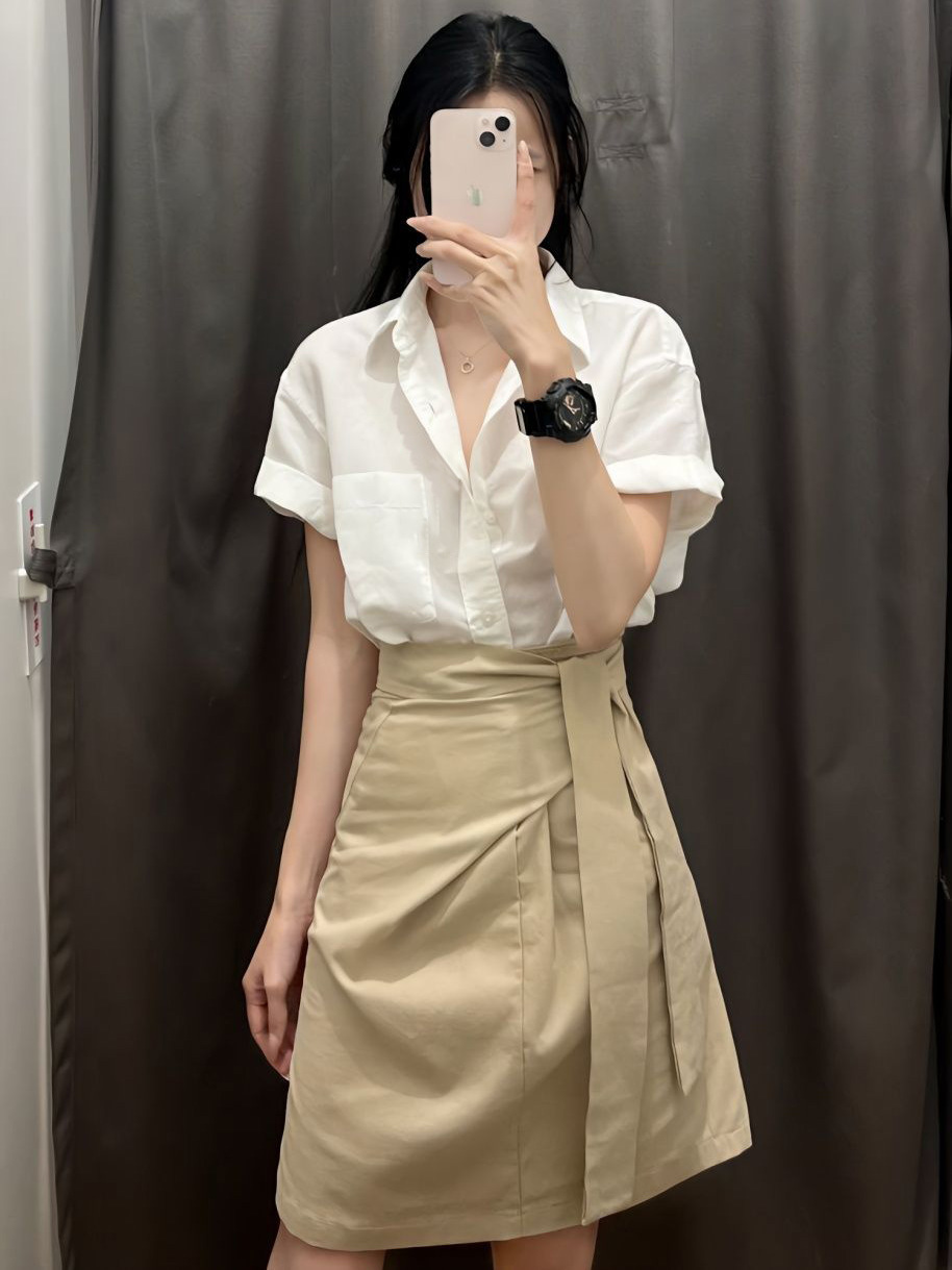 法式復古新款女裝套裝小眾氣質polo領襯衫御姐卡其色半身A子裙女