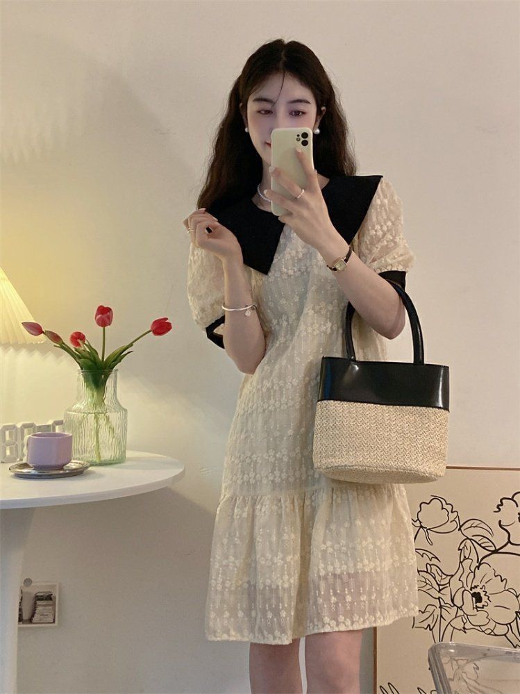 French-style doll collar dress women's summer can be salty and sweet temperament high-level sense of covering flesh and thin bubble short-sleeved skirt