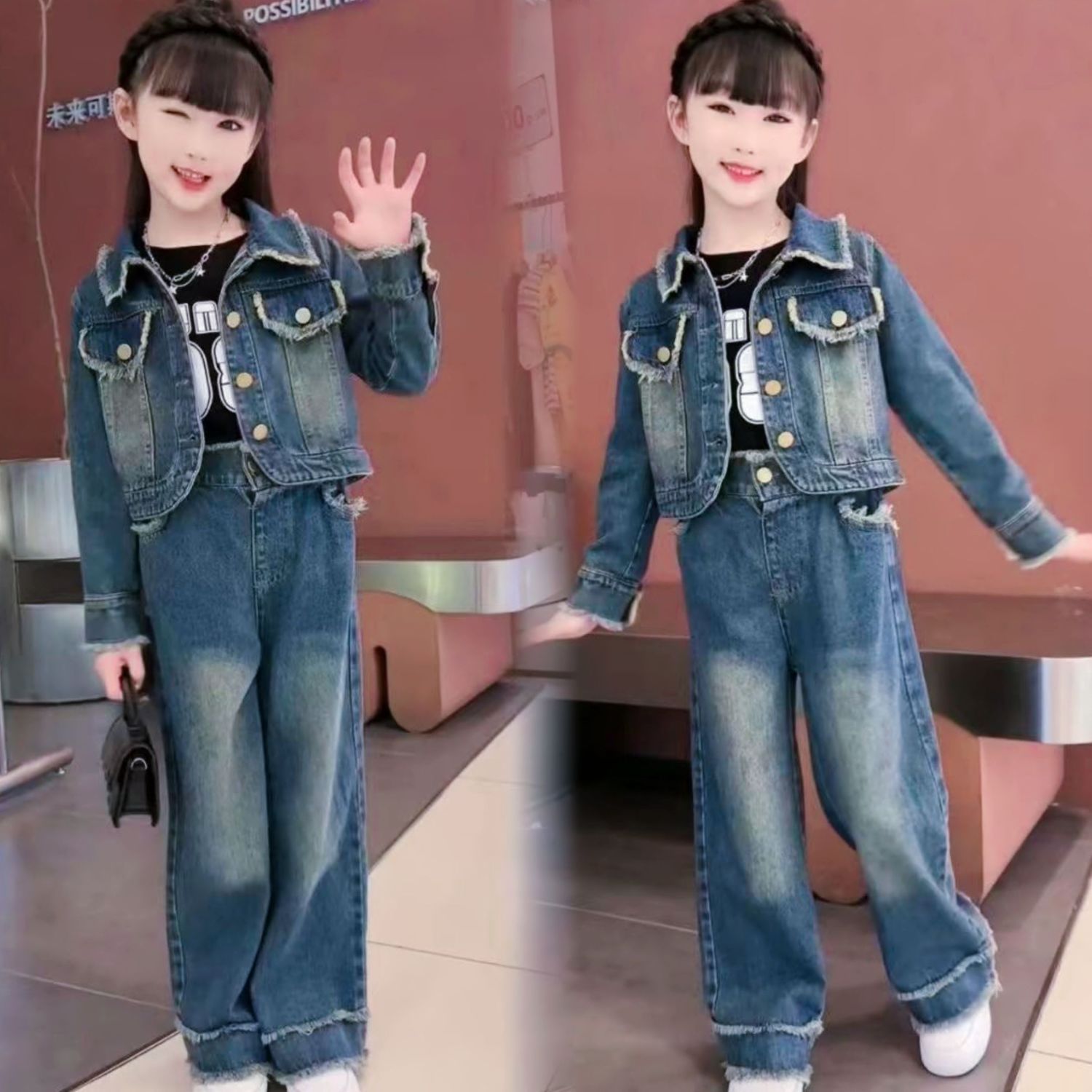 Girls' Raw Edge Denim Wide Leg Suit 2023 New Autumn Korean Version Niche Fashion Style Popular among Big Kids on the Street
