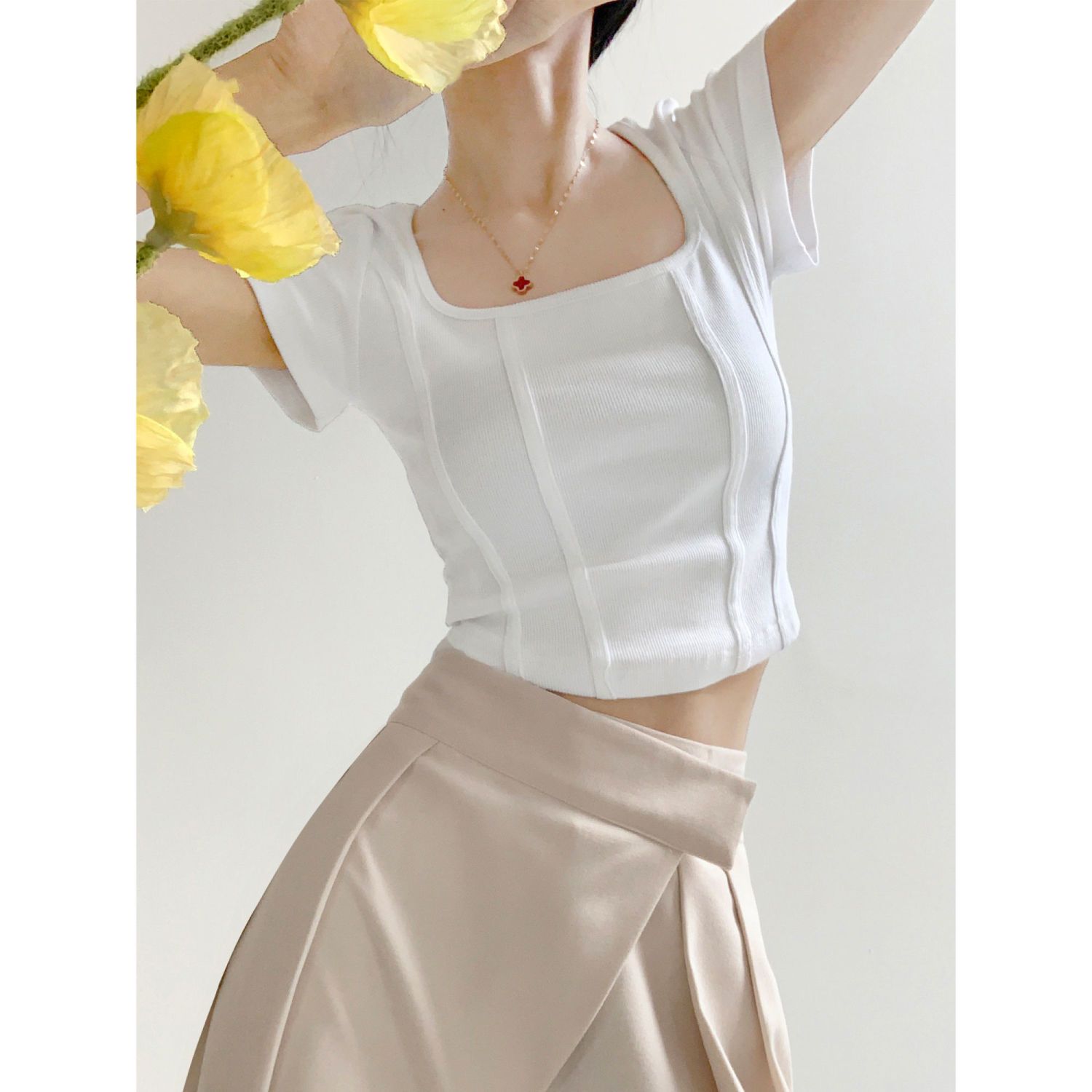 Pure desire square collar three-dimensional fishbone pattern T-shirt women's summer new short section exposed navel high waist slim short-sleeved hot girl top