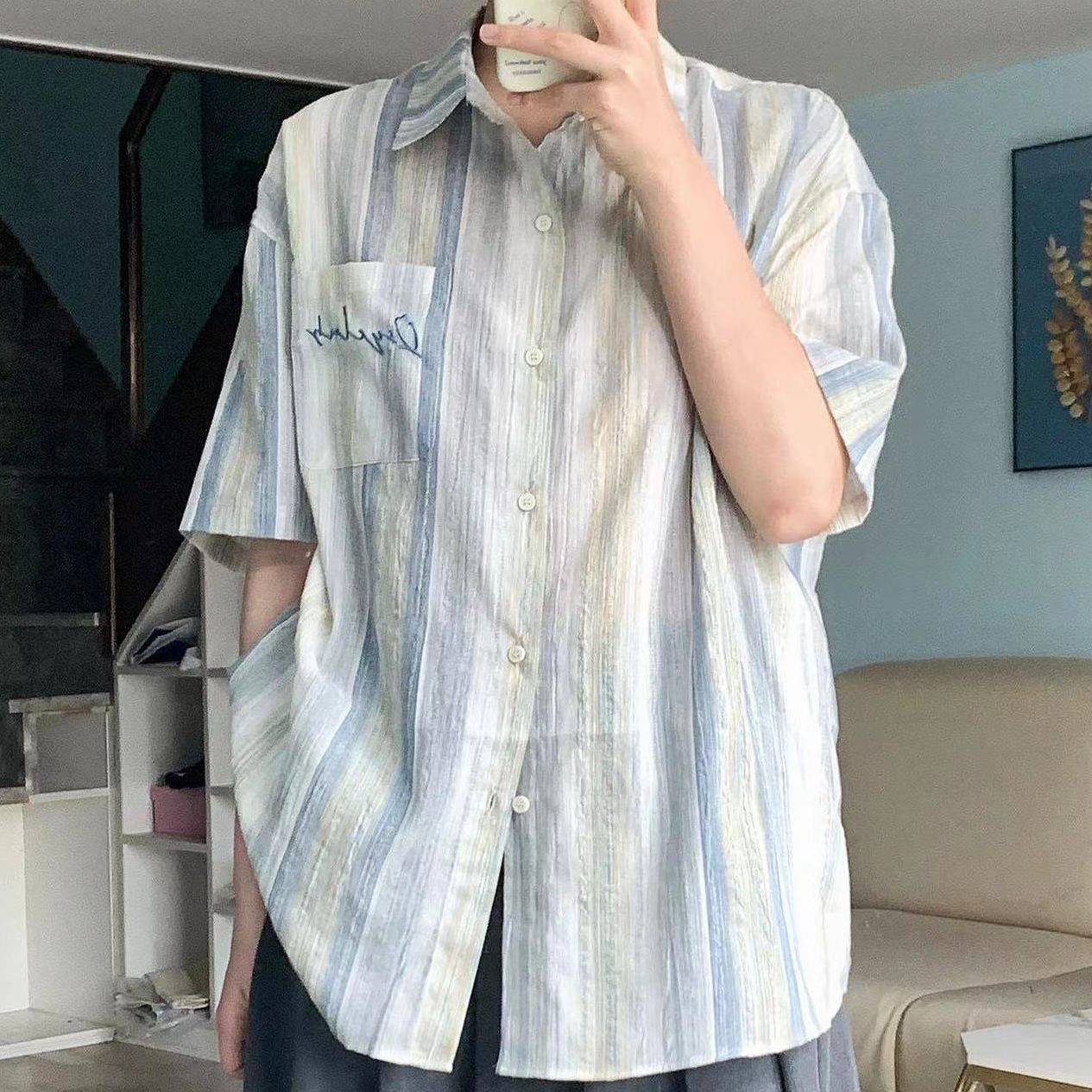 夏季2023新款氣質時尚刺繡條紋襯衫短袖女寬鬆顯瘦中長款襯衣外穿