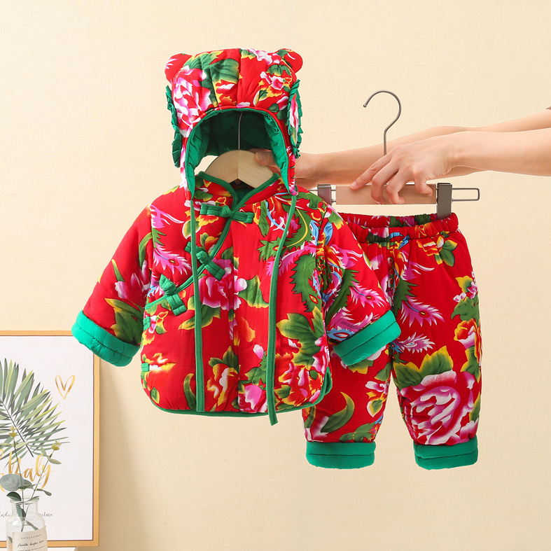 儿童装东北民族风大花秋装表演服套装女童冬季加厚棉服唐装两件套