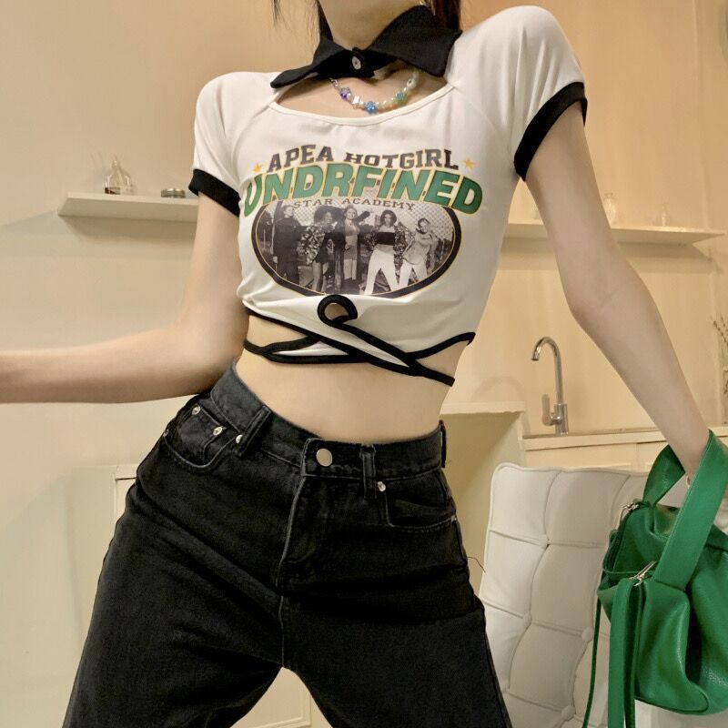 y2k American hot girl top strap design sense fried street short-sleeved ins sweet cool tight polo collar waistless t-shirt female