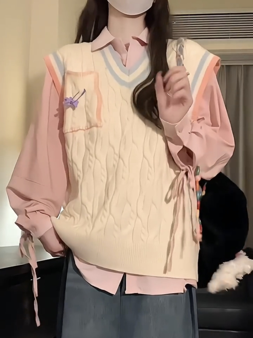 兩件/套裝慵懶風撞色疊穿針織馬甲背心毛衣女學生+粉色綁帶襯衫潮