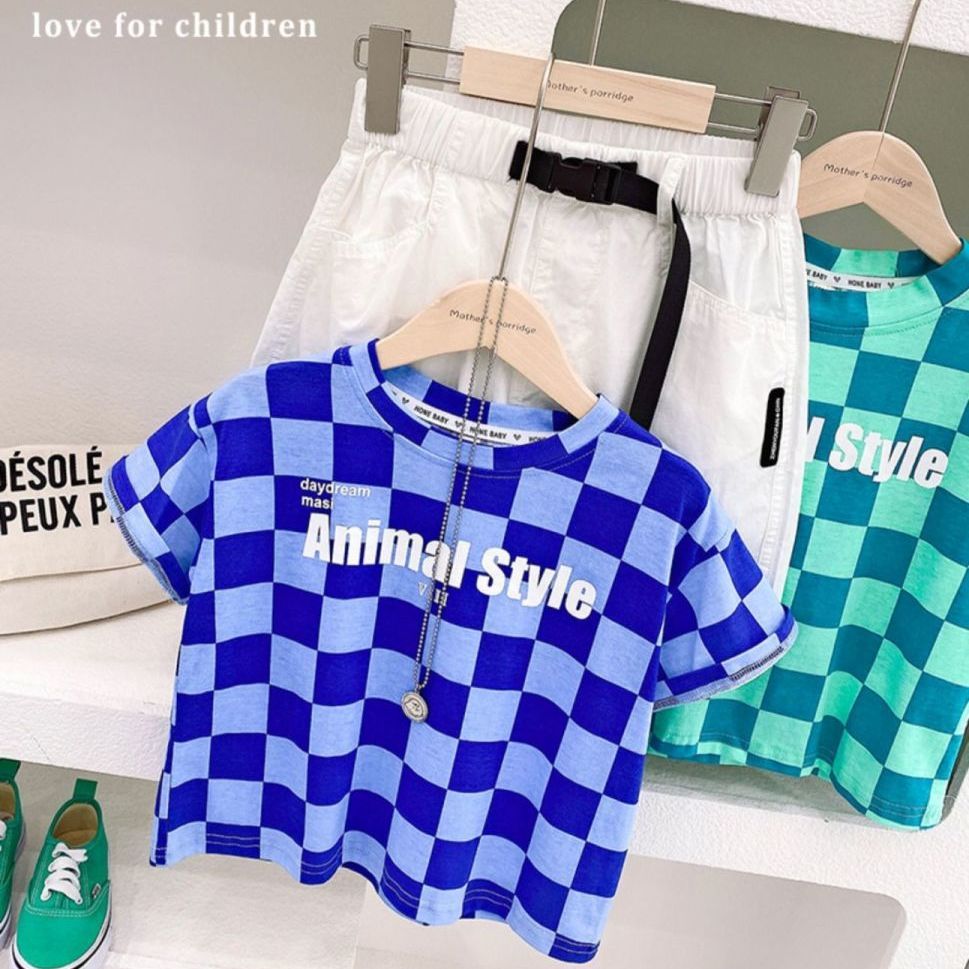 100% cotton children boys and girls 2023 summer new plaid print quick-drying breathable short-sleeved T-shirt top