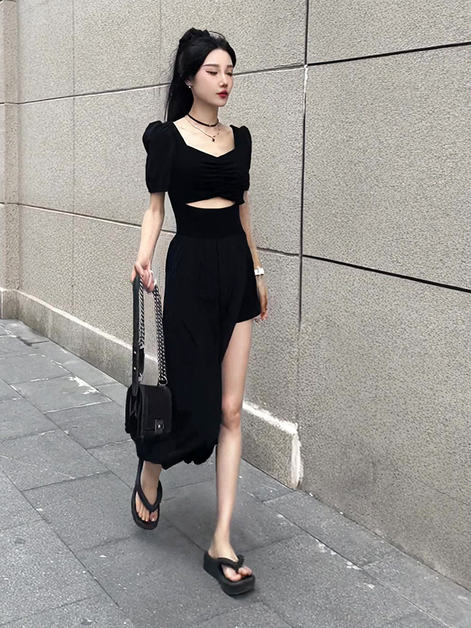 Xiaozi French black square collar short-sleeved slit dress women's new French style niche design sense long skirt tide