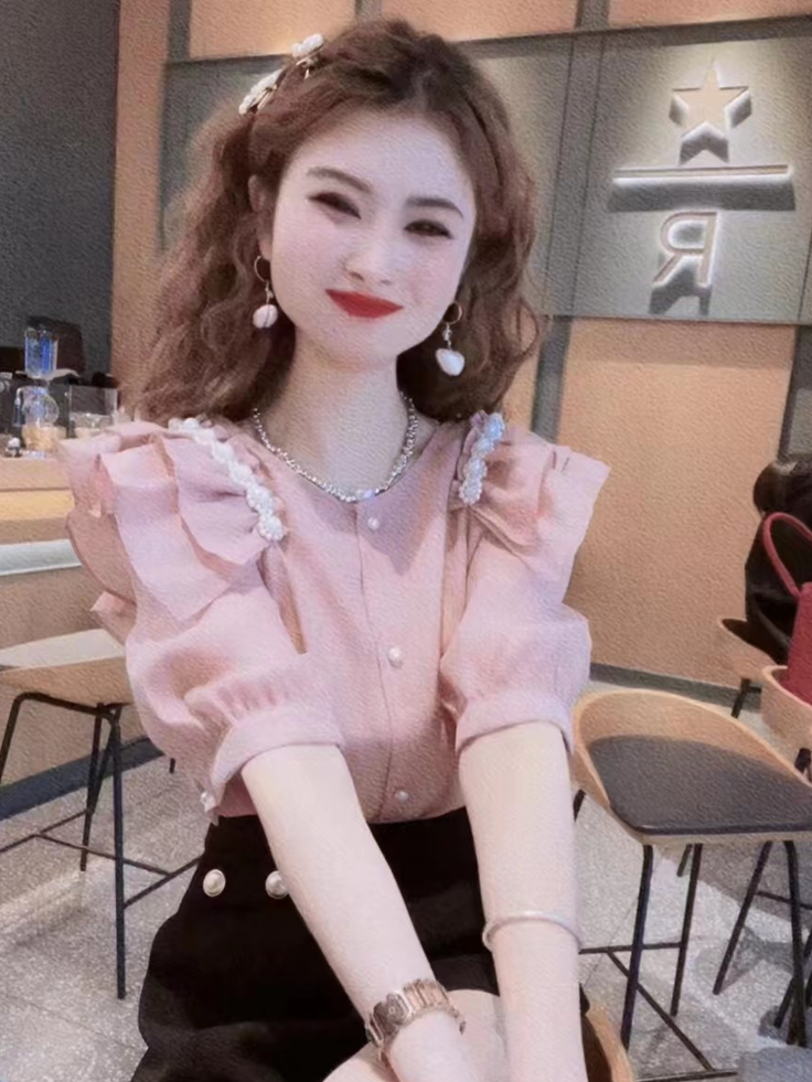 韩版甜美钉珠荷叶边圆领短袖衬衫女夏季小众设计高级感宽松上衣潮