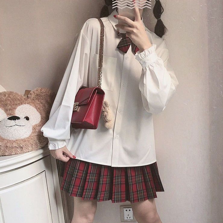 French bubble sleeve JK shirt soft girl spring new Korean loose and versatile student long sleeve shirt