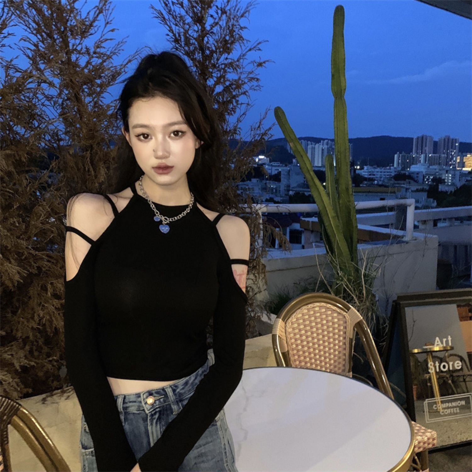 Hyuna style hot girl tight strapless t-shirt feminine western style short long-sleeved top spring and autumn outerwear bottoming shirt