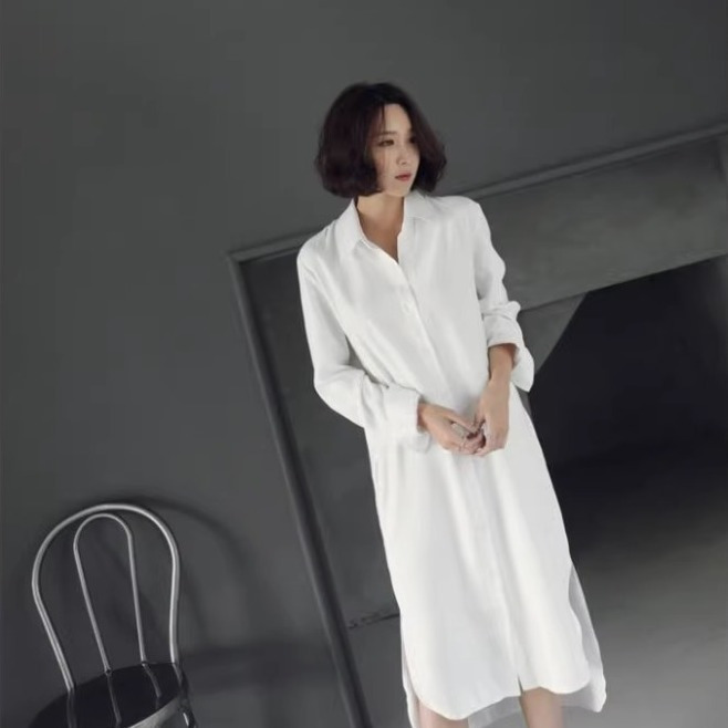 白色長袖純棉襯衫裙女春季韓范中長款寬鬆超仙百搭純色打底連衣裙