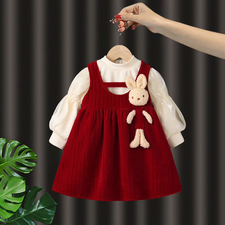 儿童连衣裙2023秋款女童装加厚加绒洋气时髦宝宝周岁礼服套装冬装