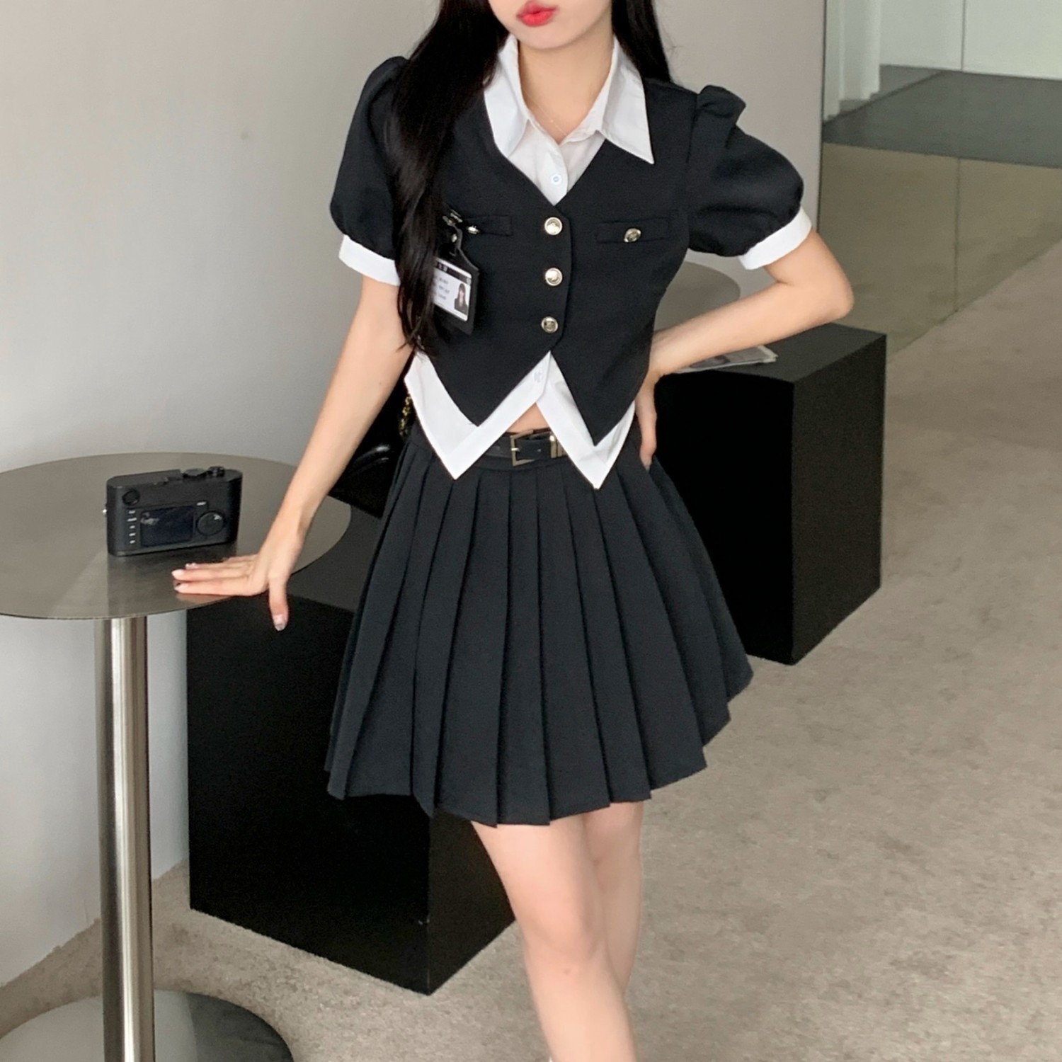 大碼胖mm學院風polo領假兩件短袖襯衫女夏短款上衣百褶裙兩件套裝