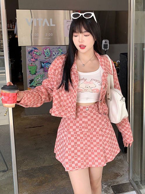大碼胖MM炸街減齡套裝秋季甜酷辣妹風千鳥格短款上衣半身裙兩件套