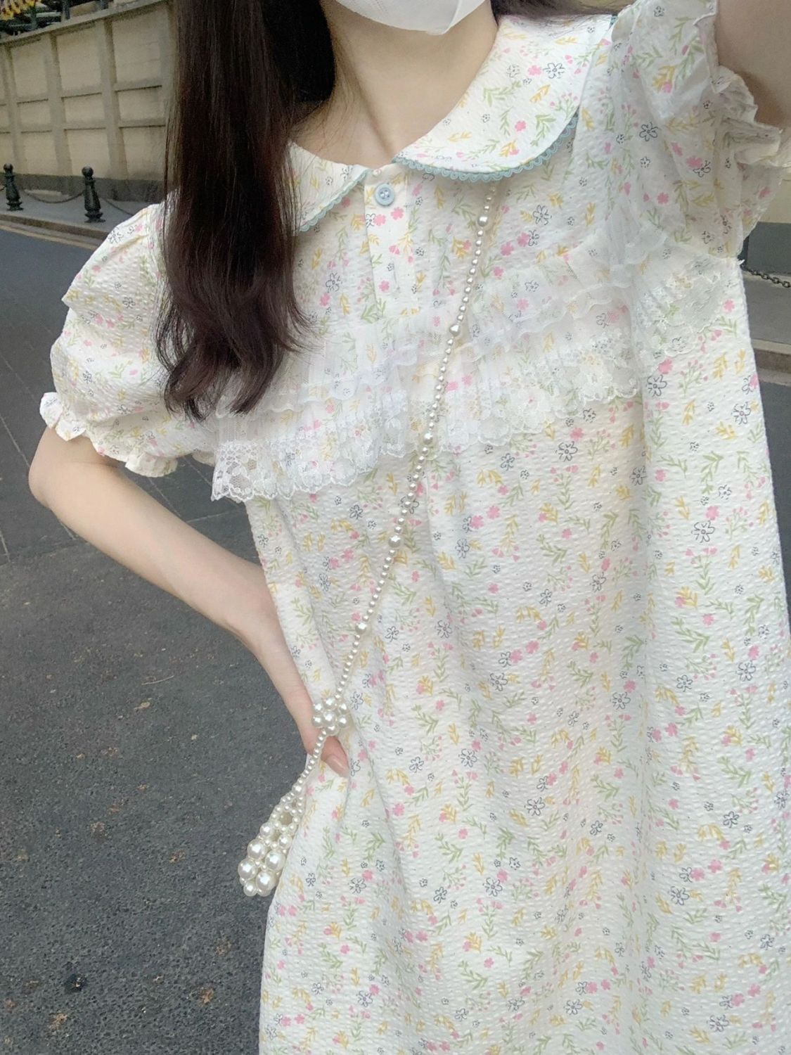 2023 Summer New Small Fresh Doll Collar Floral Dress Female Loose Sweet Puff Sleeve Short Skirt